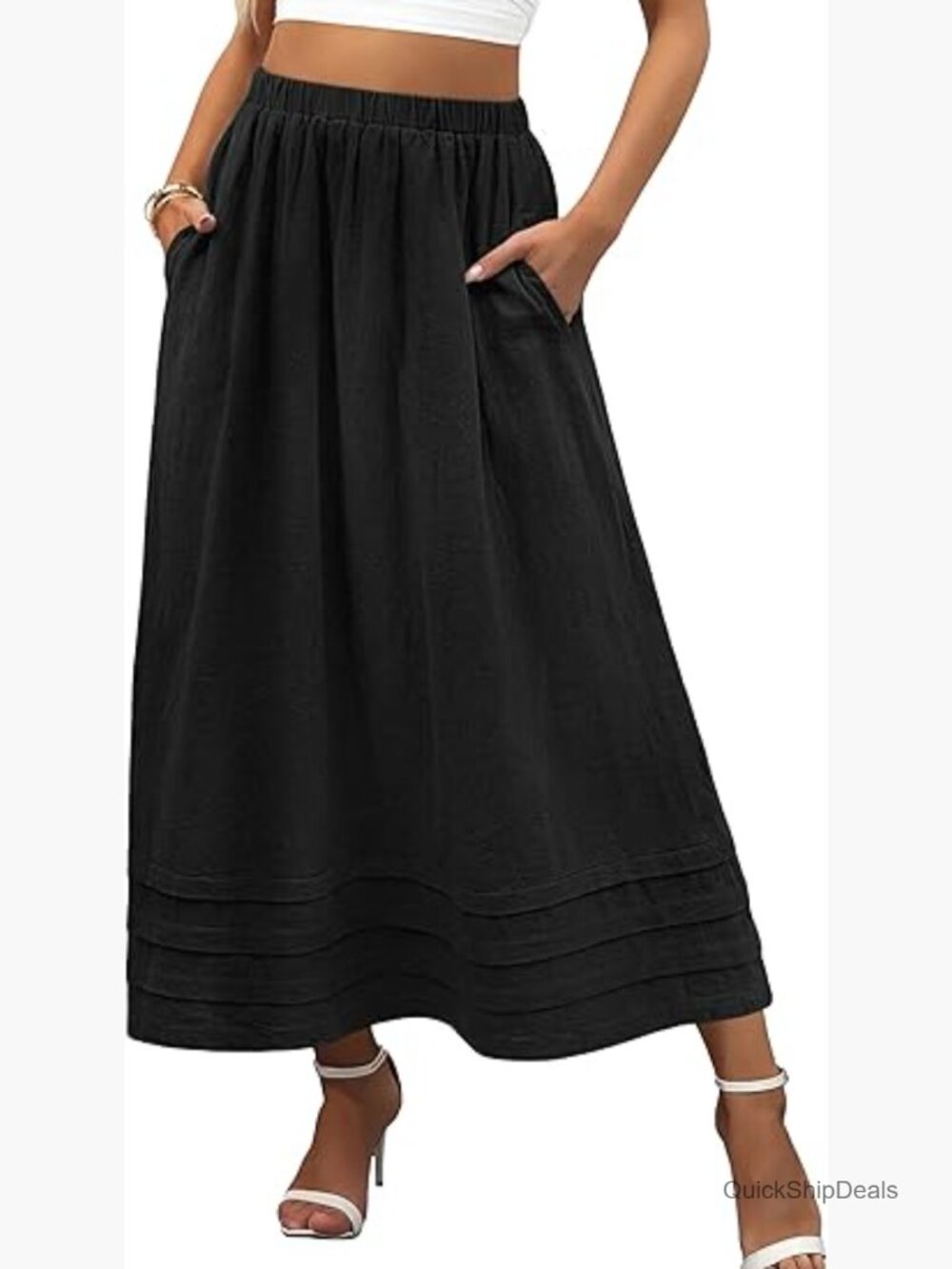 Boho Flowy Tiered Casual Elastic High Waisted Swing A-Line Maxi Skirt with
